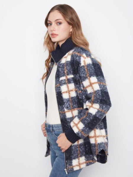 Charlie B Boucle Zip Up Jacket - Midnight Plaid