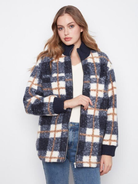 Charlie B Boucle Zip Up Jacket - Midnight Plaid