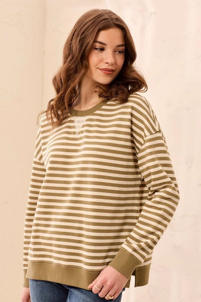 Tribal Striped Crew Neck Drop Shoulder Top - Aloe
