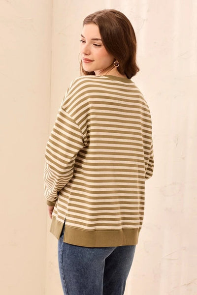 Tribal Striped Crew Neck Drop Shoulder Top - Aloe