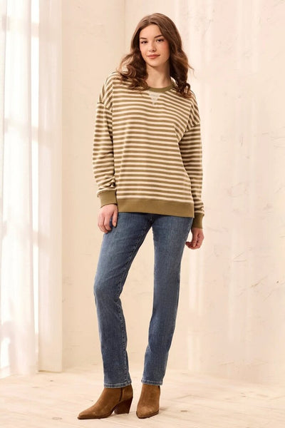 Tribal Striped Crew Neck Drop Shoulder Top - Aloe