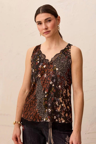 Tribal Satin Feel Lace Trim V-Neck Cami - Rustic Brown