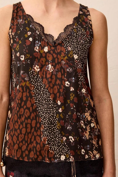 Tribal Satin Feel Lace Trim V-Neck Cami - Rustic Brown