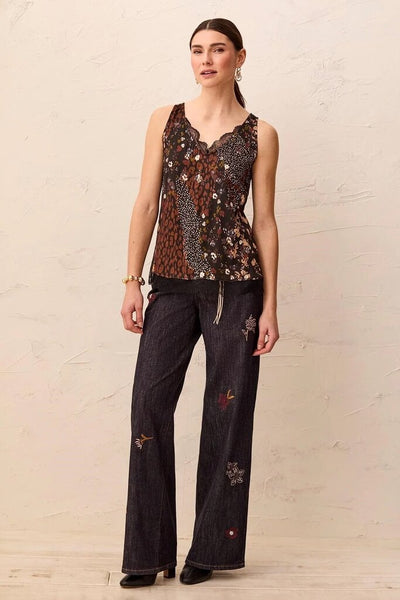 Tribal Satin Feel Lace Trim V-Neck Cami - Rustic Brown