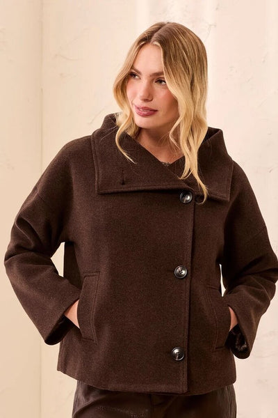 Tribal Lofty Knit Funnel Neck Jacket - Saddle Brown