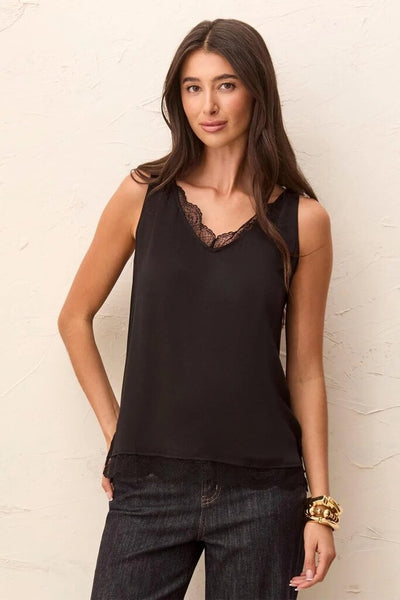 Tribal Satin Feel Lace Trim V-Neck Cami - Black