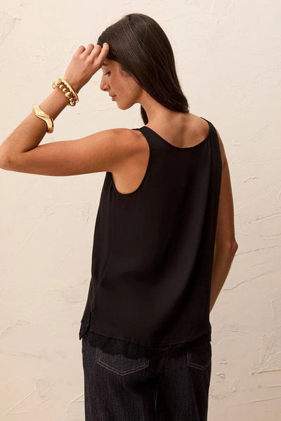 Tribal Satin Feel Lace Trim V-Neck Cami - Black