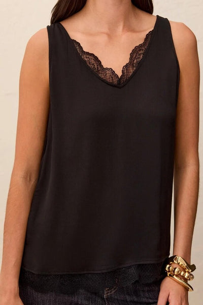 Tribal Satin Feel Lace Trim V-Neck Cami - Black