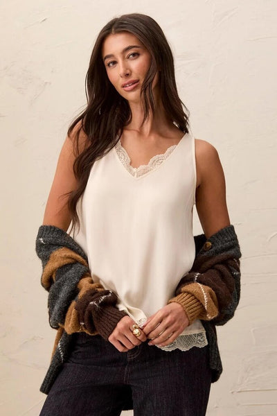 Tribal Satin Feel Lace Trim V-Neck Cami - Cream