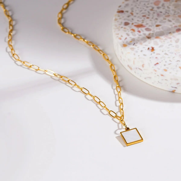 Hackney Nine 'Annabella' Metal & Shell Square Pendant on Paper-Clip Chain