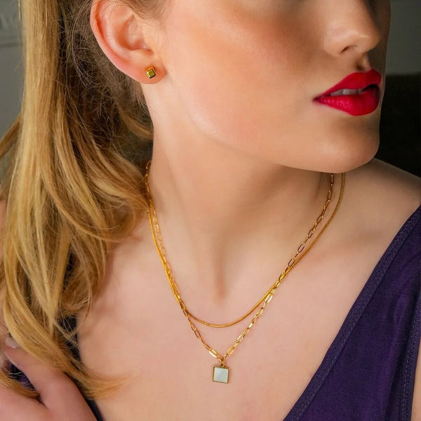 Hackney Nine 'Annabella' Metal & Shell Square Pendant on Paper-Clip Chain