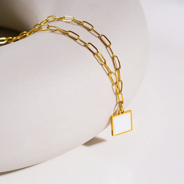 Hackney Nine 'Annabella' Metal & Shell Square Pendant on Paper-Clip Chain