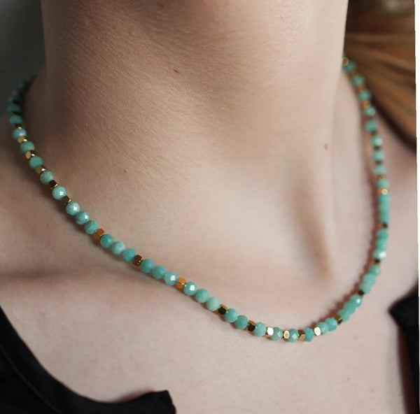 Hackney Nine 'Constance' Amazonite Stones & Gold Beaded Necklace