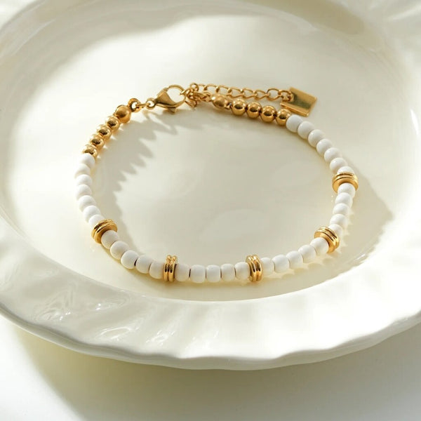 Hackney Nine 'Jamilah' White Turquoise Stones and Gold Beaded Bracelet