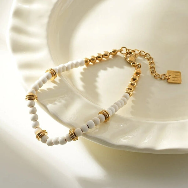 Hackney Nine 'Jamilah' White Turquoise Stones and Gold Beaded Bracelet
