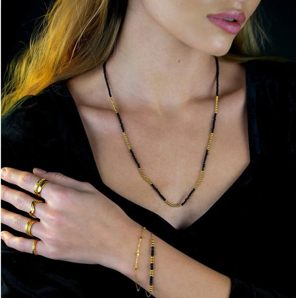 Hackney Nine 'Lina' Black Crystal and Gold Beads Chain Necklace