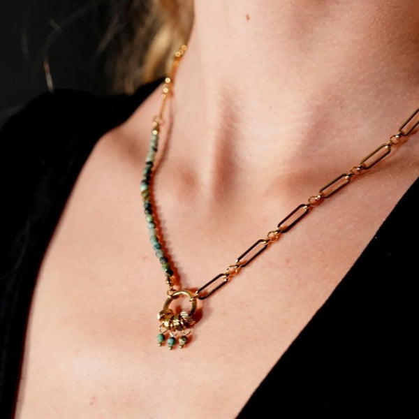 Hackney Nine 'Lyon' African Turquoise Natural Stone Charm Pendant Gold Necklace