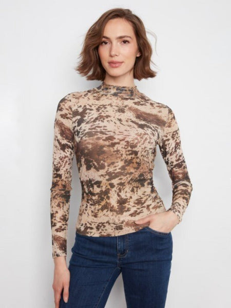 Charlie B Printed Mesh Mock Neck Top - Country