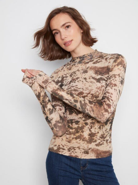 Charlie B Printed Mesh Mock Neck Top - Country