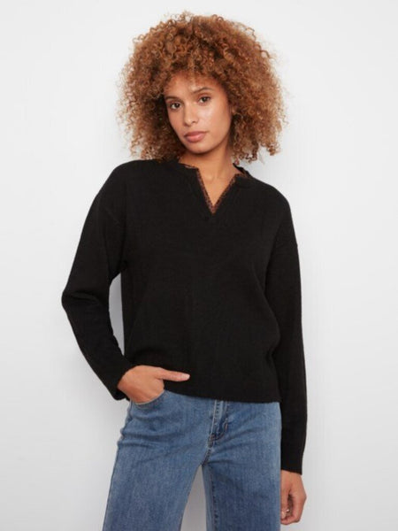 Charlie B V-Neck Sweater with Leopard Trim