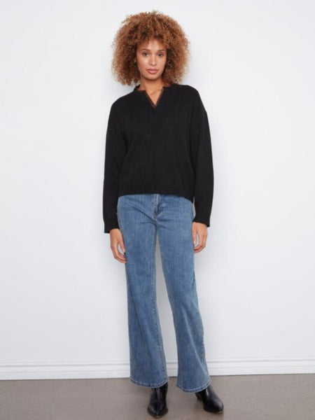 Charlie B V-Neck Sweater with Leopard Trim