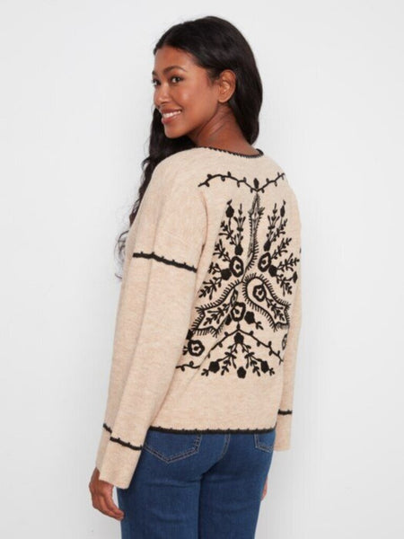 Charlie B Embroidered Notch Neck Sweater - Almond