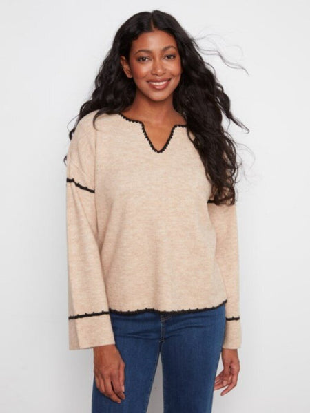 Charlie B Embroidered Notch Neck Sweater - Almond