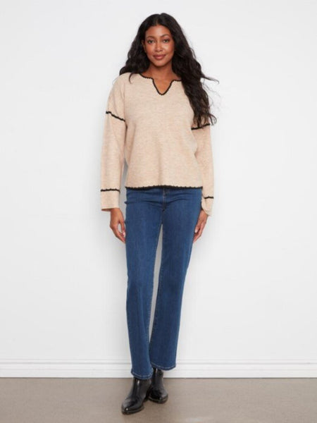 Charlie B Embroidered Notch Neck Sweater - Almond