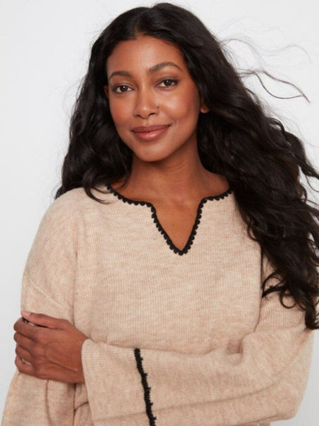 Charlie B Embroidered Notch Neck Sweater - Almond