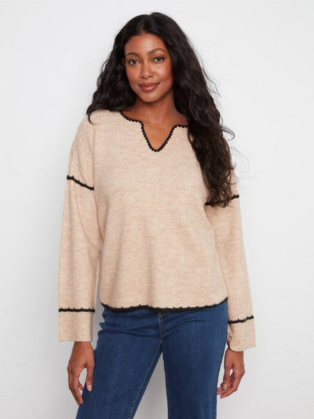 Charlie B Embroidered Notch Neck Sweater - Almond