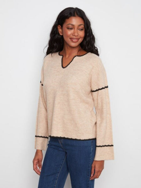 Charlie B Embroidered Notch Neck Sweater - Almond