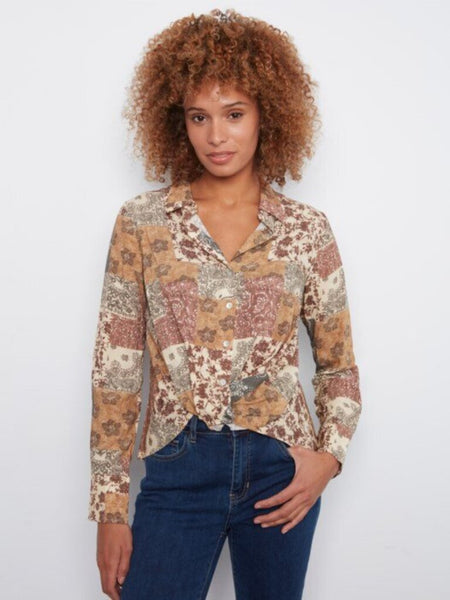 Charlie B Quilt Print Twist Front Blouse