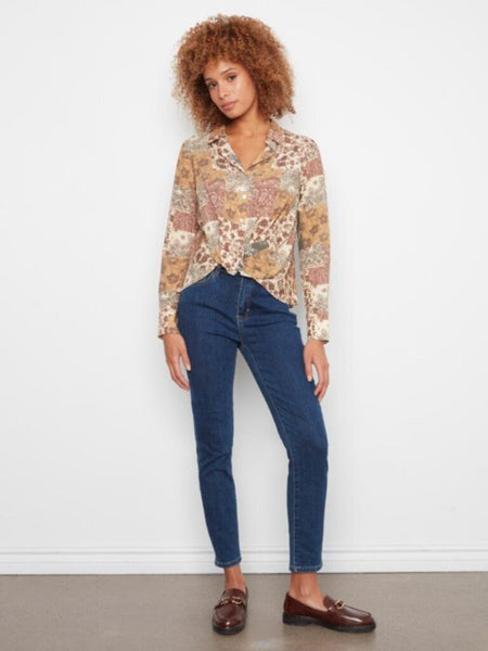 Charlie B Quilt Print Twist Front Blouse