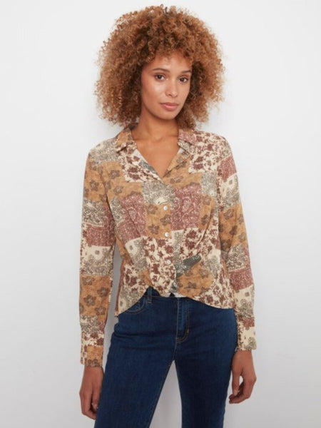 Charlie B Quilt Print Twist Front Blouse