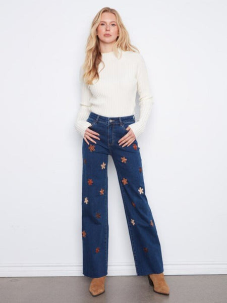 Charlie B Wide Leg Stretch Denim with Floral Patches - Indigo