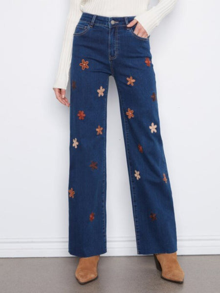 Charlie B Wide Leg Stretch Denim with Floral Patches - Indigo