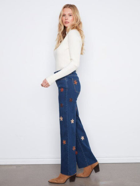 Charlie B Wide Leg Stretch Denim with Floral Patches - Indigo