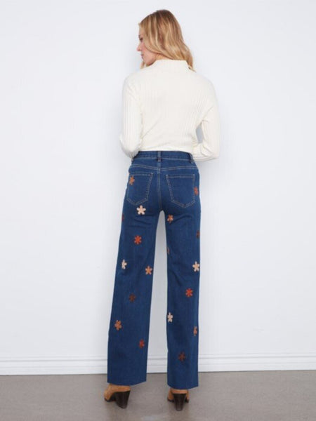 Charlie B Wide Leg Stretch Denim with Floral Patches - Indigo