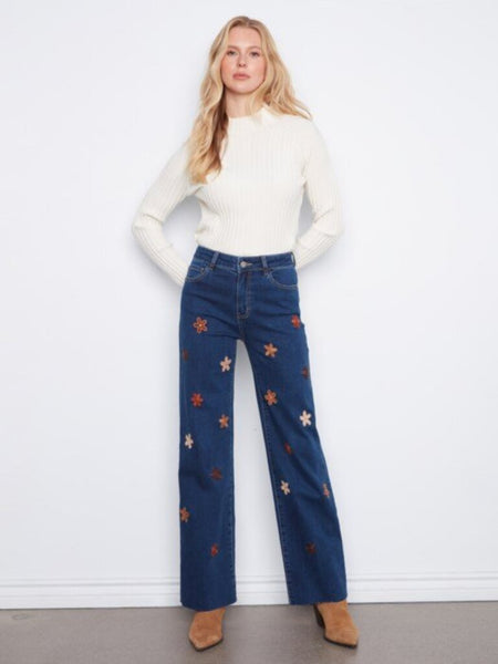 Charlie B Wide Leg Stretch Denim with Floral Patches - Indigo