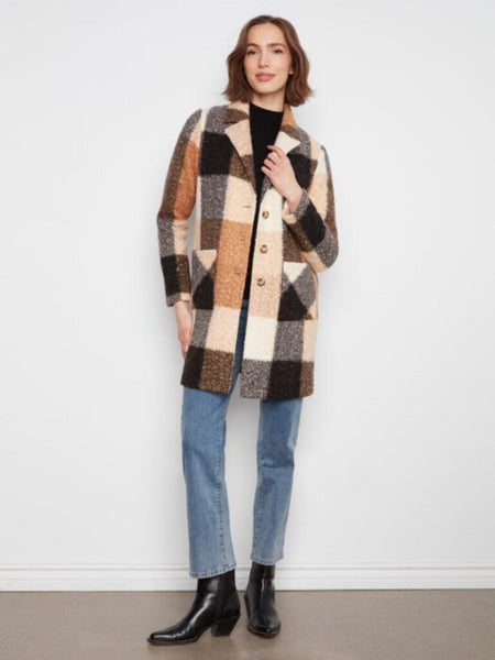 Charlie B Plaid Boucle Knit Coat - Taupe