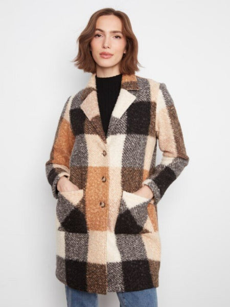 Charlie B Plaid Boucle Knit Coat - Taupe