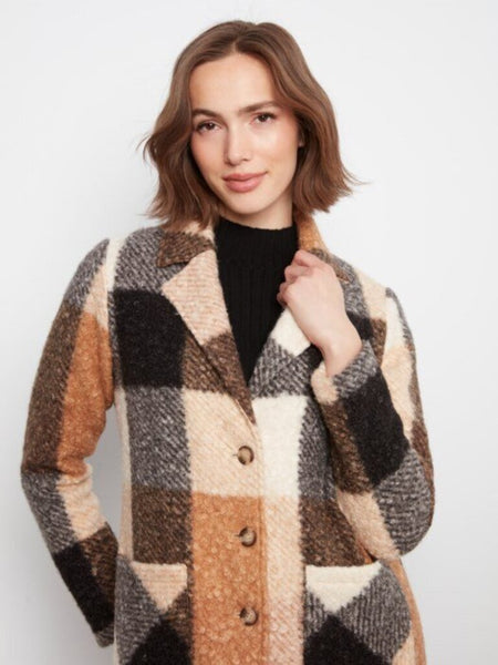 Charlie B Plaid Boucle Knit Coat - Taupe