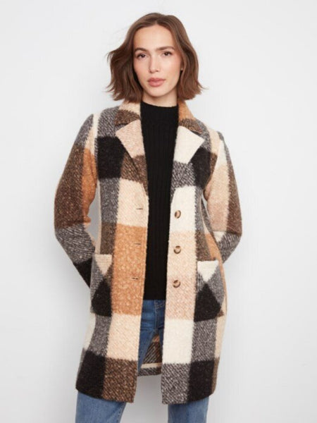 Charlie B Plaid Boucle Knit Coat - Taupe