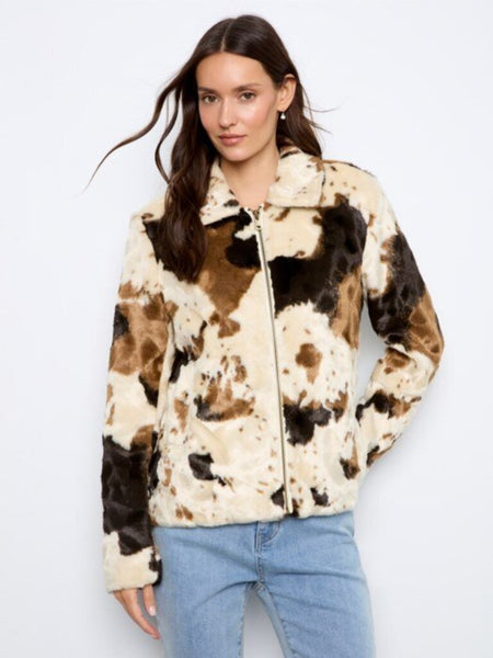 Charlie B Cow Print Faux Fur Jacket