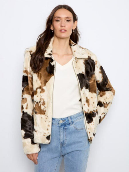 Charlie B Cow Print Faux Fur Jacket