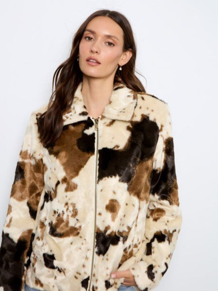Charlie B Cow Print Faux Fur Jacket