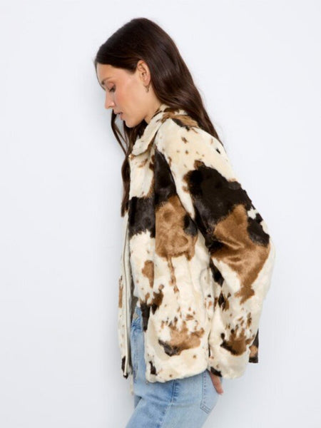 Charlie B Cow Print Faux Fur Jacket