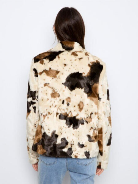 Charlie B Cow Print Faux Fur Jacket