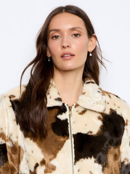 Charlie B Cow Print Faux Fur Jacket