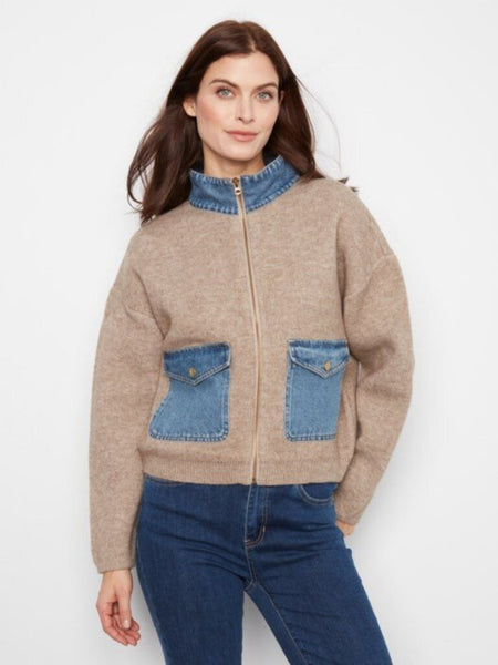 Charlie B Denim Detail Sweater Jacket